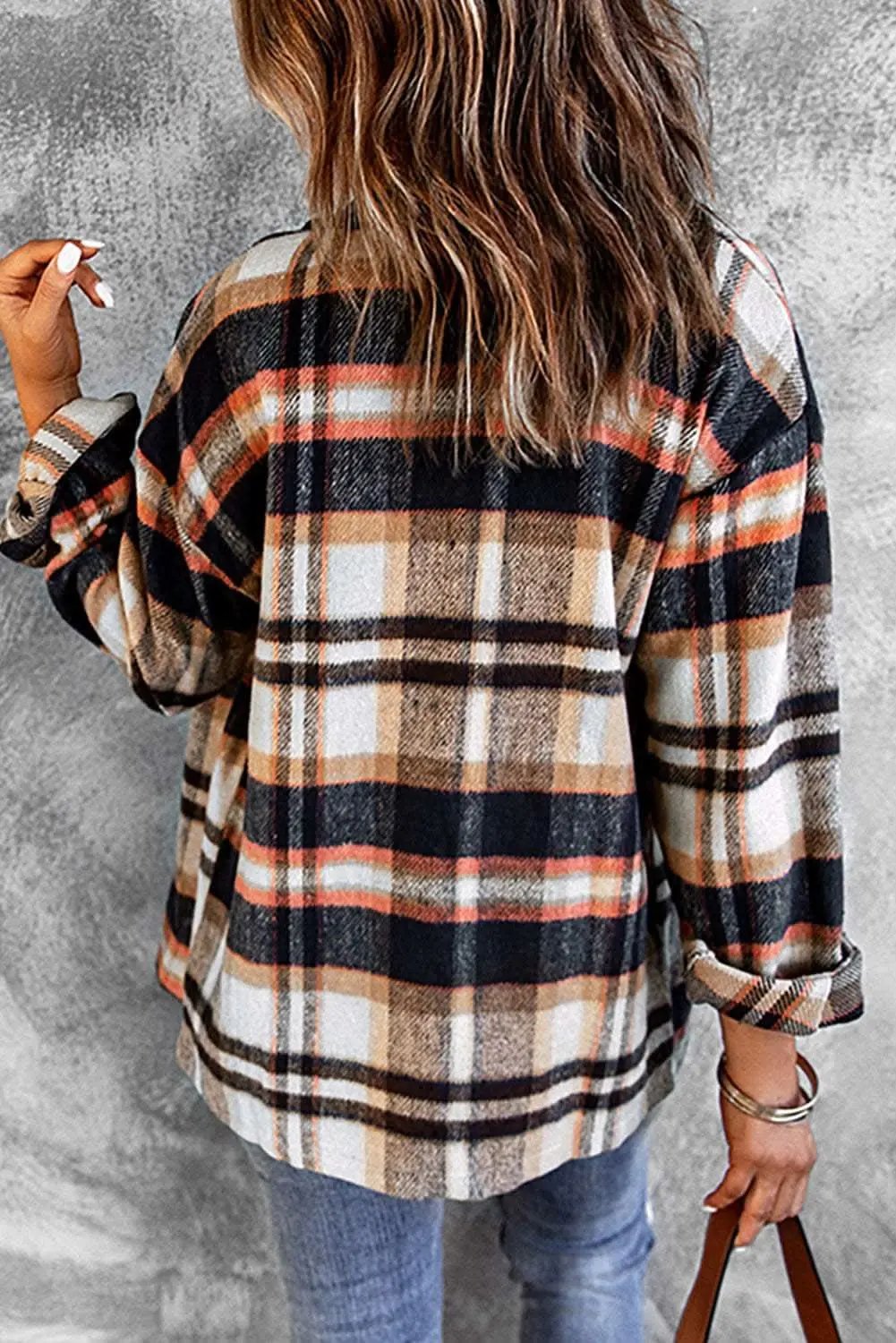 Geometric Plaid Print Pocketed Shacket - Love Salve